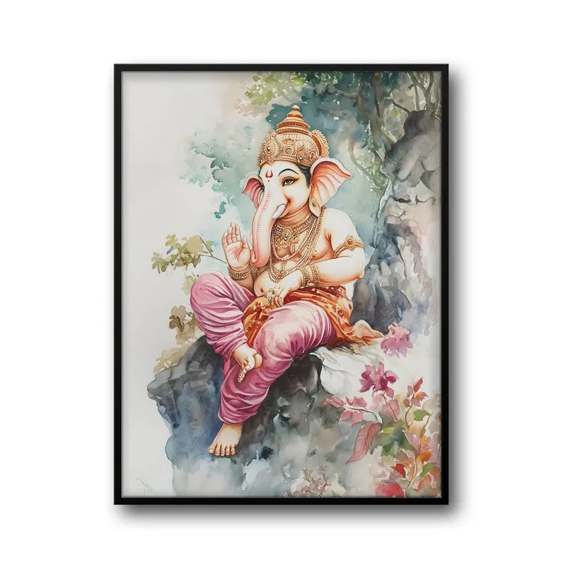 Vighnaharta's Blessing Spiritual Archival Paper Wall Painting With Frame - Black media 6