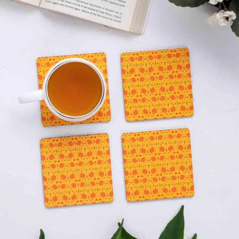 Magnate Mughal Floral Yellow Square Coasters - Set Of Four media 1