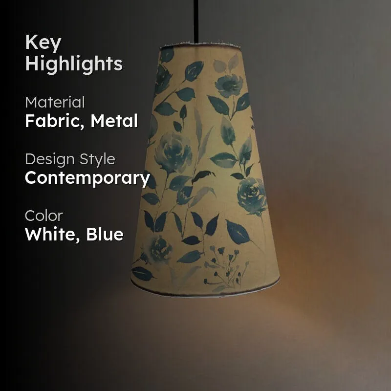 Lit floral ceiling lamp with key highlights graphic on a dark background