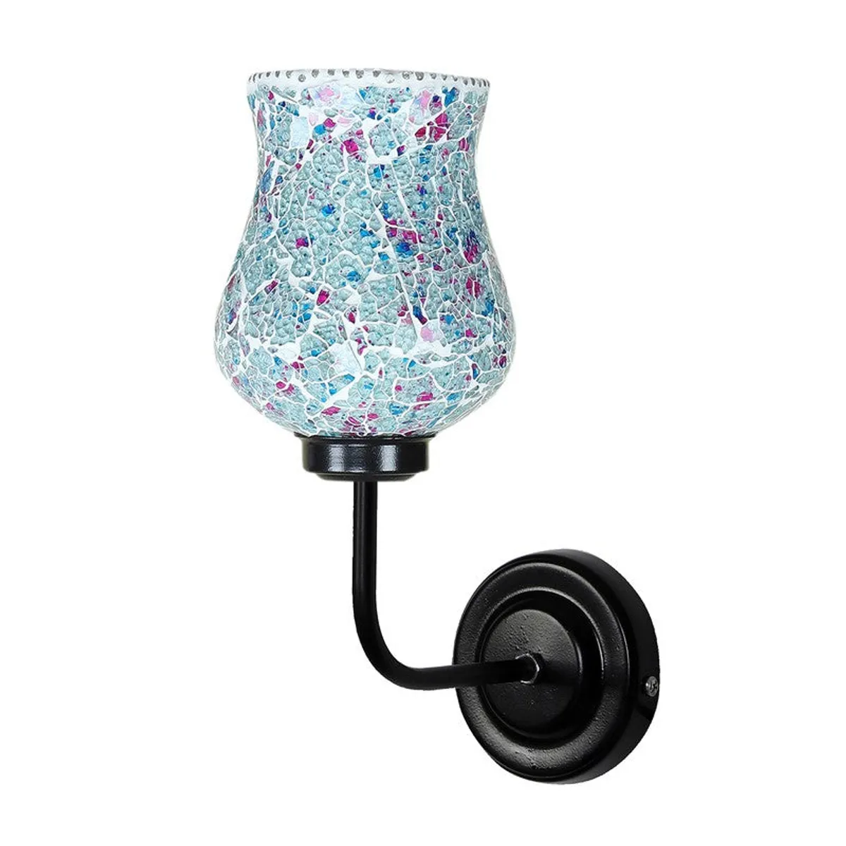Unlit blue mosaic glass wall lamp with black iron wall base