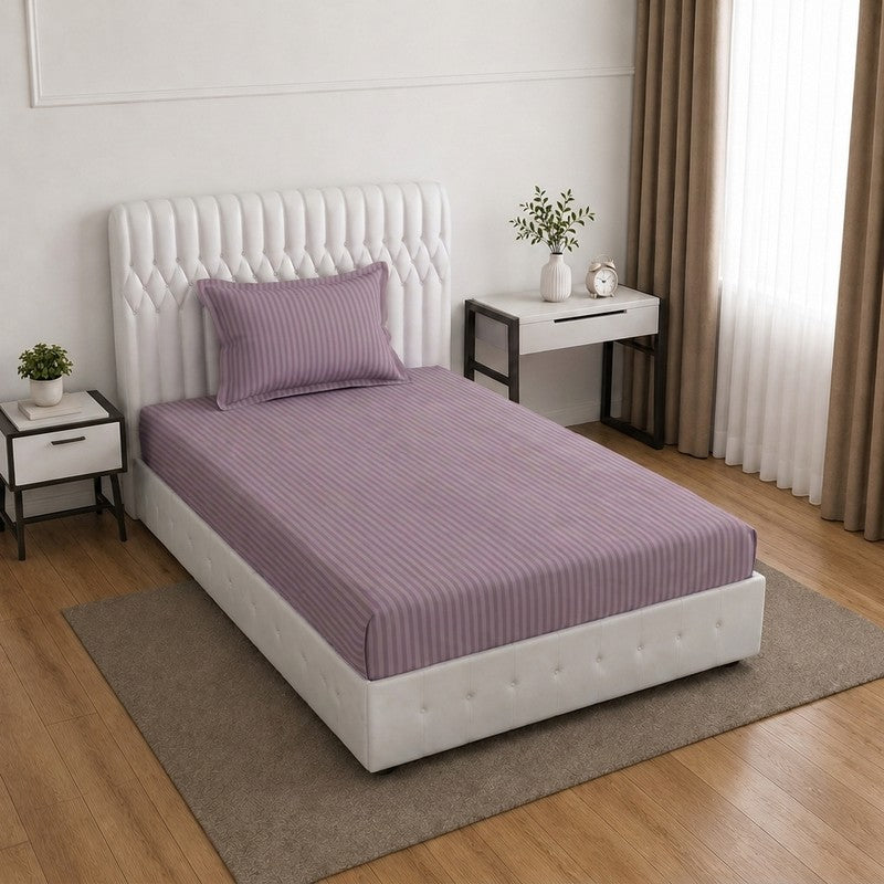 StripeScape Glace Cotton Fitted Bedsheet (Purple) - 130 GSM - Single Fitted