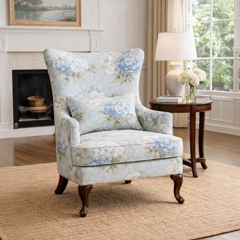 Imperia Teak Wood & Velvet Floral Lounge Chair media 1