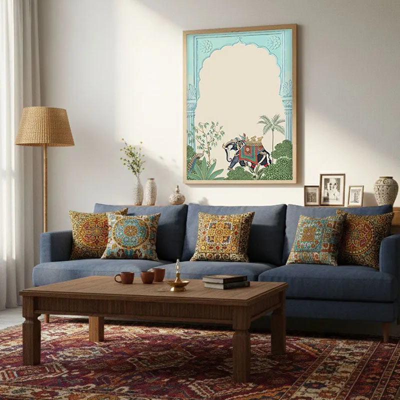 Eka Gaja Framed Jharokha Canvas Archival Canvas Wall Painting - Natural Brown Frame media 4