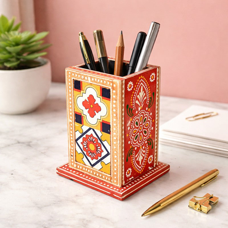 Hand-Painted Wooden Art Stationery Holder