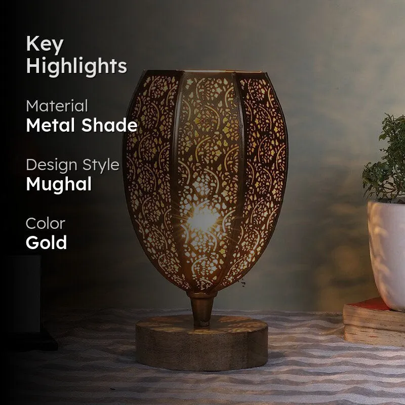 Mehela Etched Metal Table Lamp With Wooden Base - Gold media 2