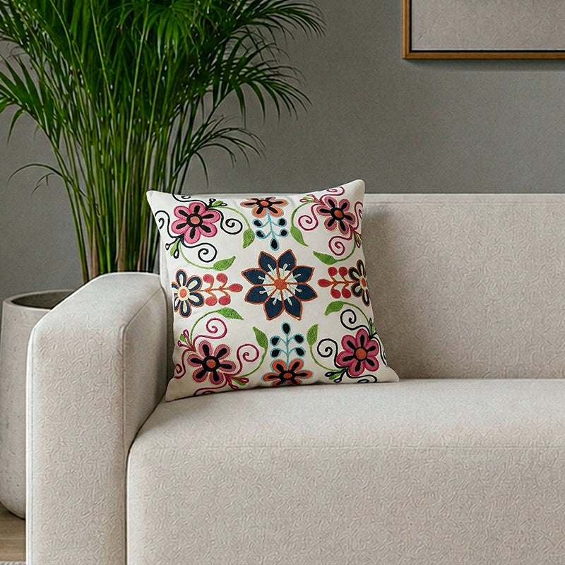 Flora Rangoli Embroidered Cushion Cover - 18 x 18 Inches