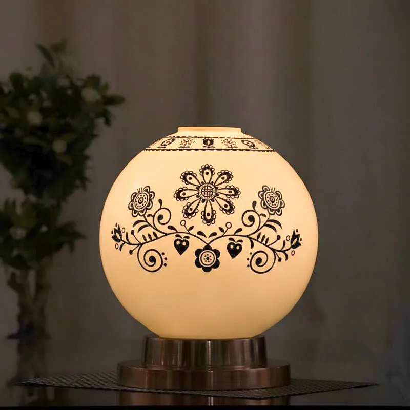 Round Floral Moon Hand Painted Glass Table Lamp With Copper Base - White,Black,Copper media 1