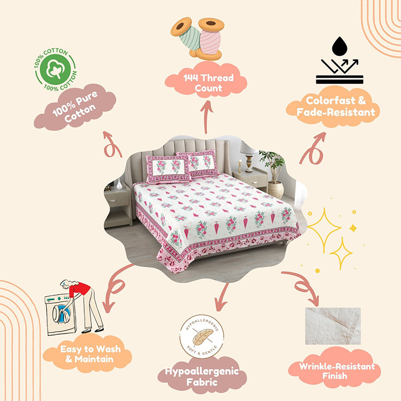 Floral Garden Cotton Bedsheet (Pink) - 144 TC media 5