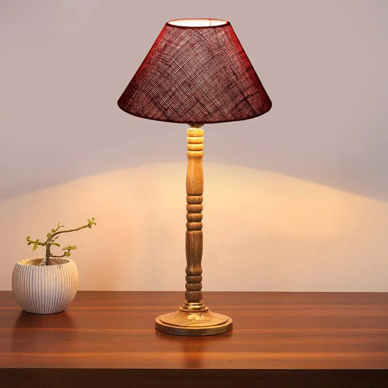 Loft Gleam Table Lamp With Carved Wooden Base - Maroon,Brown media 1
