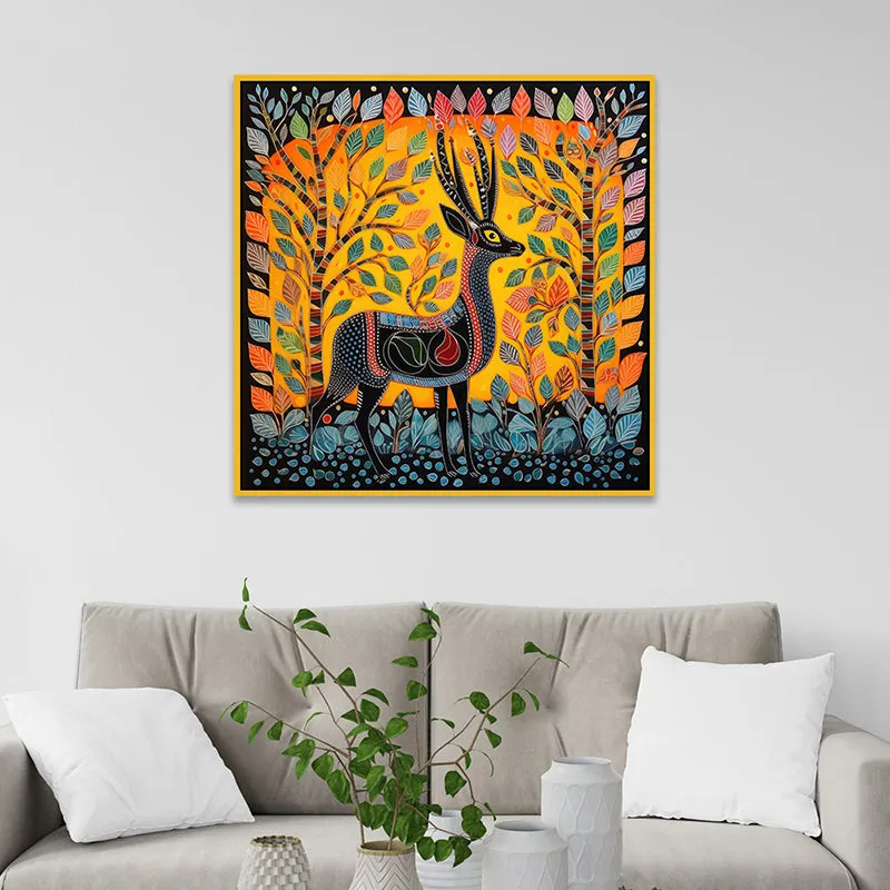 Deer In Trance Canvas Wall Painting With Frame - Gold media 1