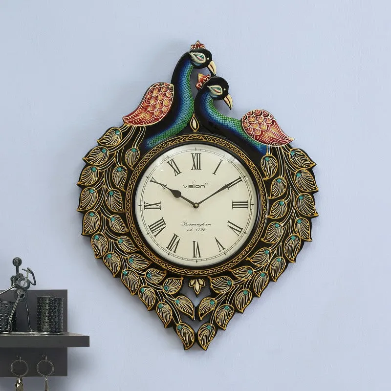 Artistic Peacock Motif Wood Wall Clock media 1