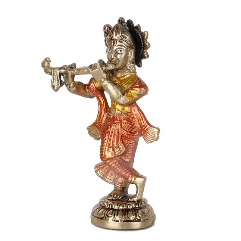 Colourful Krishna Brass Idol With Flute media 4