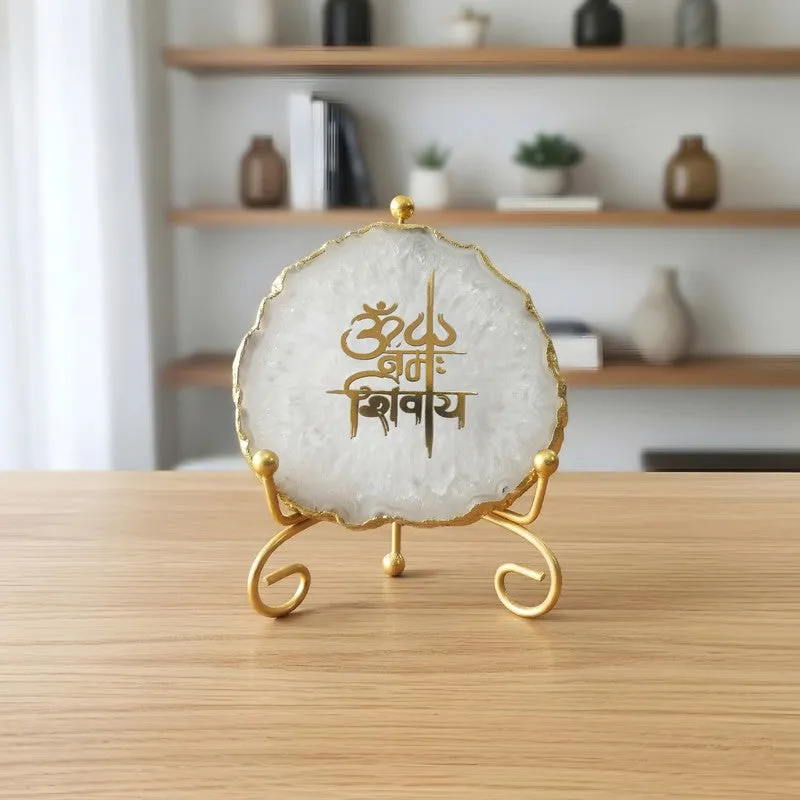 Om Namah Shivay Agate Showpiece With Stand - White media 4