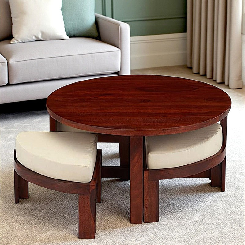Gravex Sheesham Wooden Center Table with Stools and Cushions (Brown,Red) - Nine Piece Set