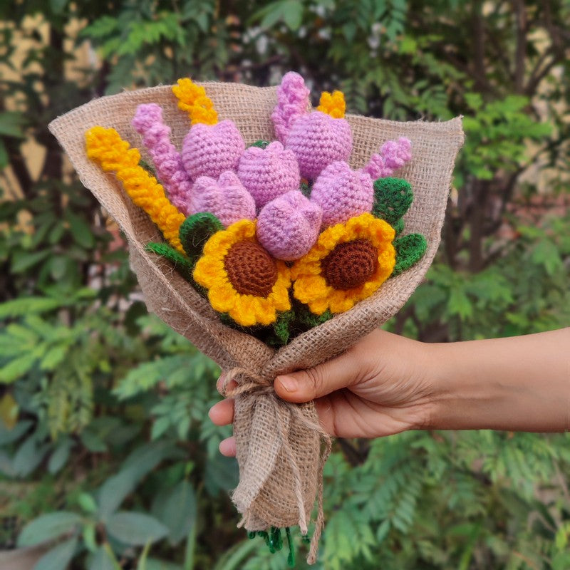 Crochet Handmade Tulip Bouquet (Yellow,Purple) - Set of Fourteen
