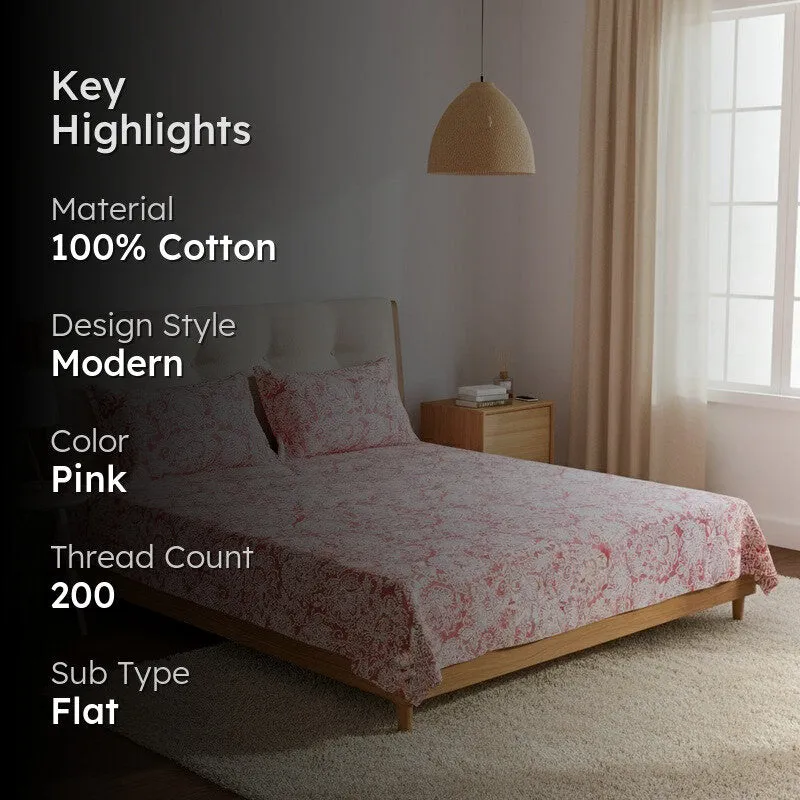 Champa Floral Cotton Bedsheet (Pink) - 200 TC media 2