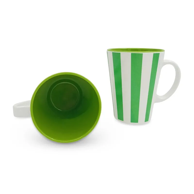 Green and white striped mugs showing the interior and handles