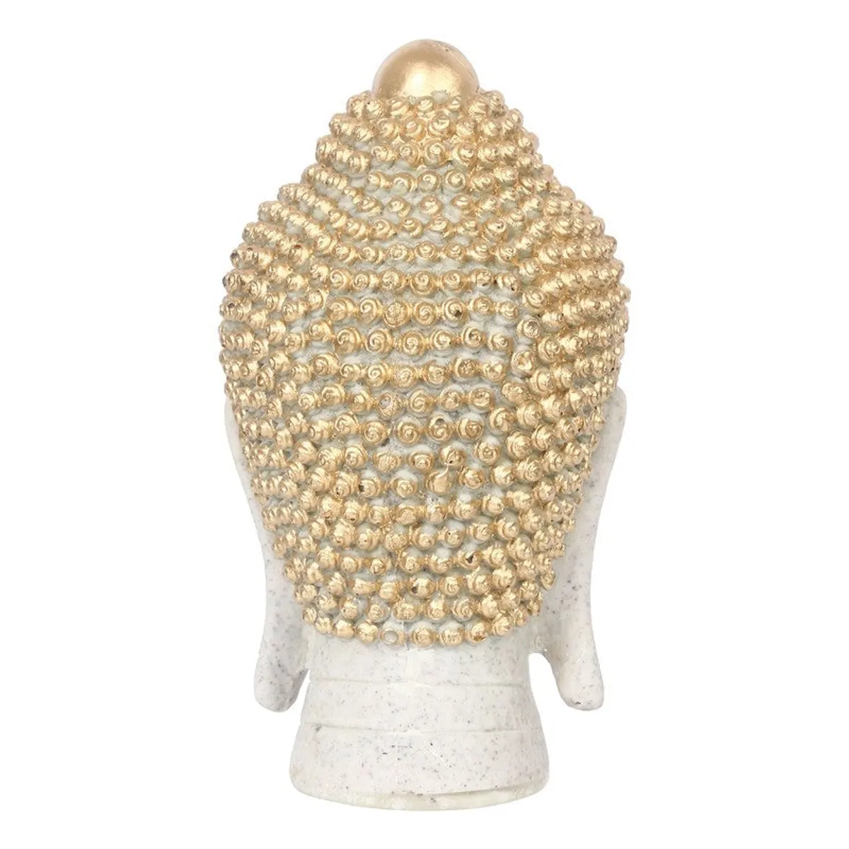 Rear view of white and gold Buddha head idol
