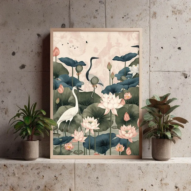 Lotus Garden Birds Canvas Wall Painting With Brown Frame media 3