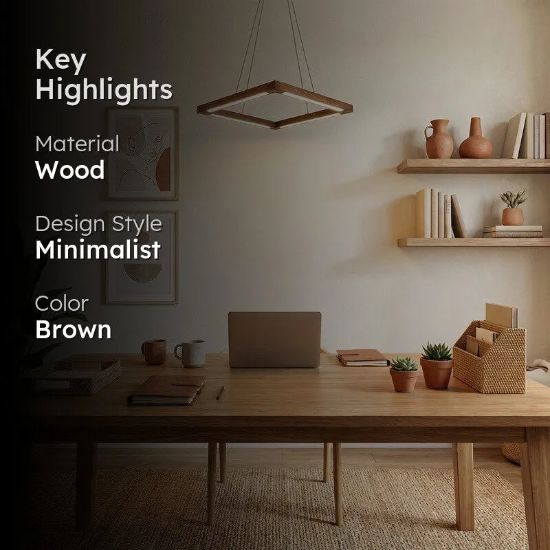 Styled room scene with a square wooden ceiling lamp and highlight text overlay