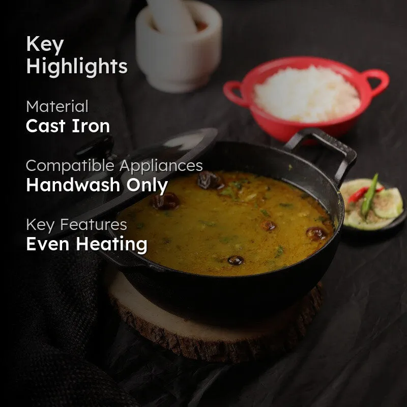 Vinod Fayric Cast Iron Kadhai With Lid- 3300 mL/12 Inches - 2