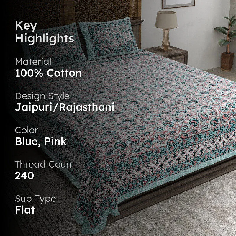 Lineo Cotton Bedsheet (Blue,Pink) - 240 TC media 2