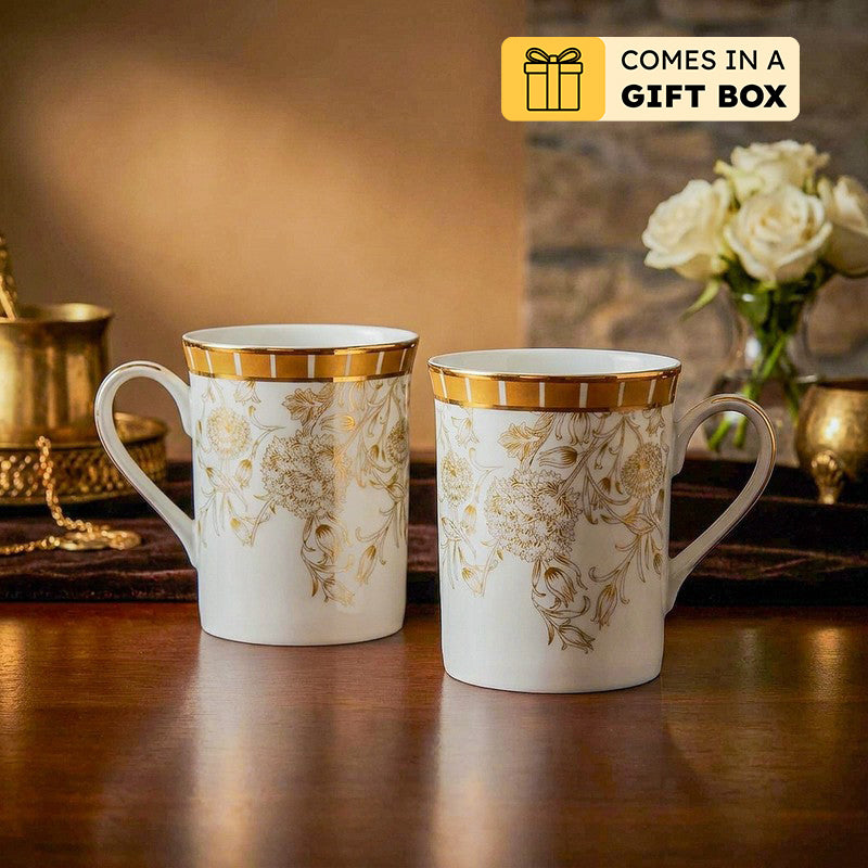 Gilded Iris Classic 24k Gold Brushed Porcelain Coffee Mug (300 mL Each) - Set of Two