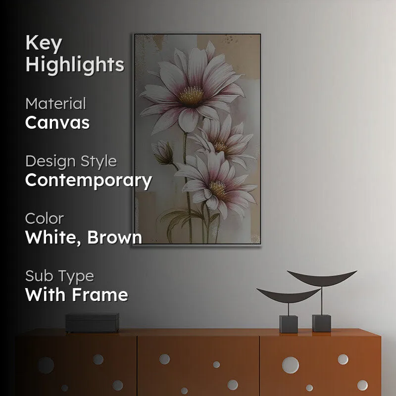 Blushing Daisy Floral Canvas Wall Painting With Frame - Black media 2