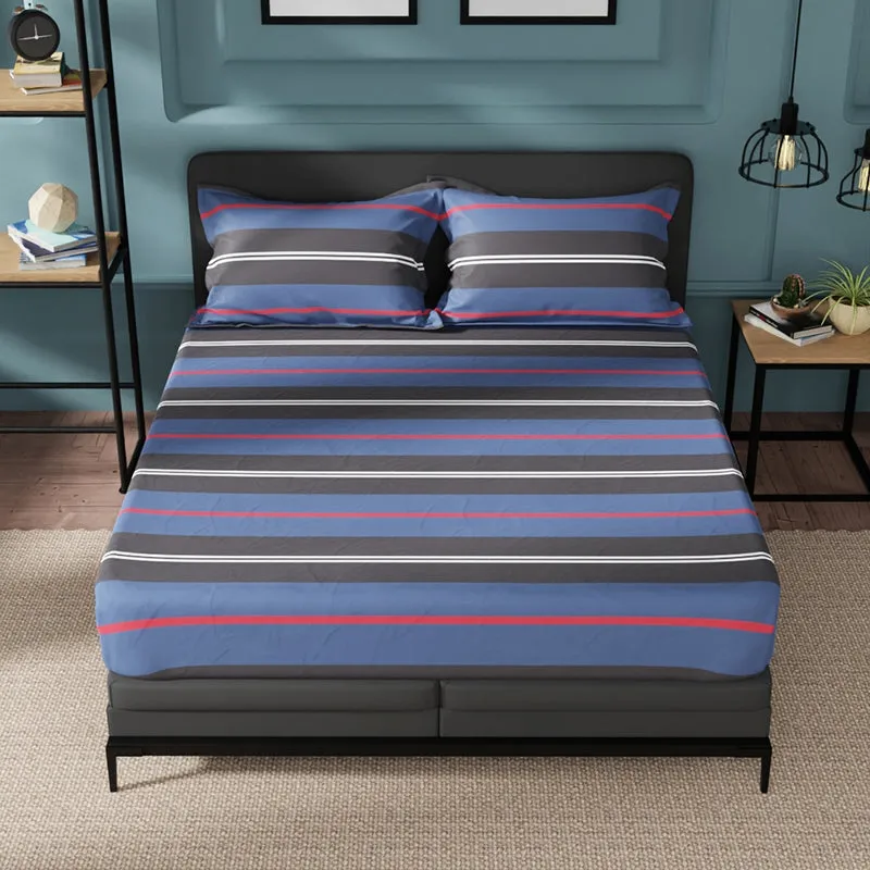 Front view of a blue and charcoal striped bedsheet on a double bed