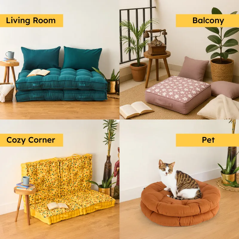 Lifestyle collage showing floor cushions used in a living room, balcony, cosy corner and pet area.