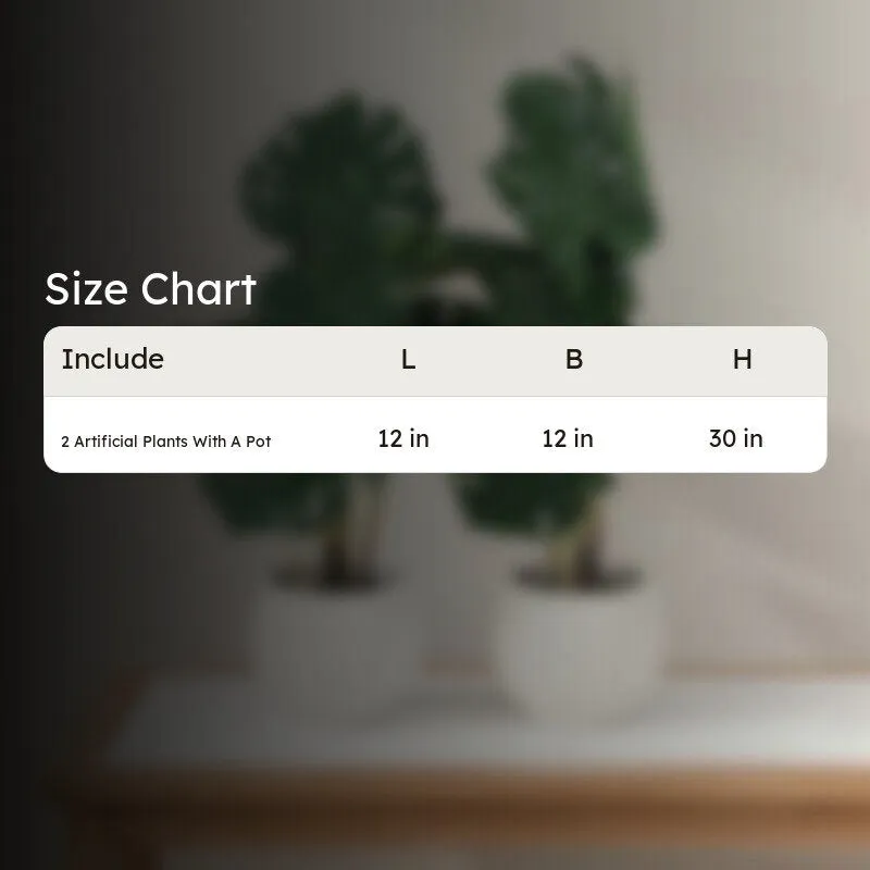 Artificial Monstera plants shown in a product size comparison graphic