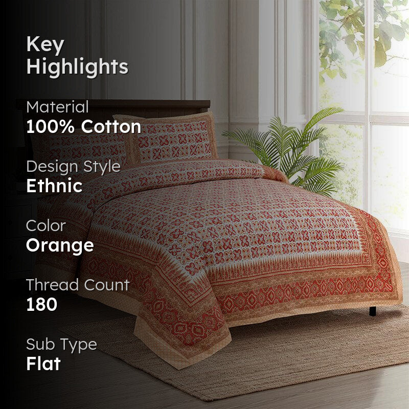 Murti Ethnic Cotton Bedsheet (Orange) - 180 TC media 2