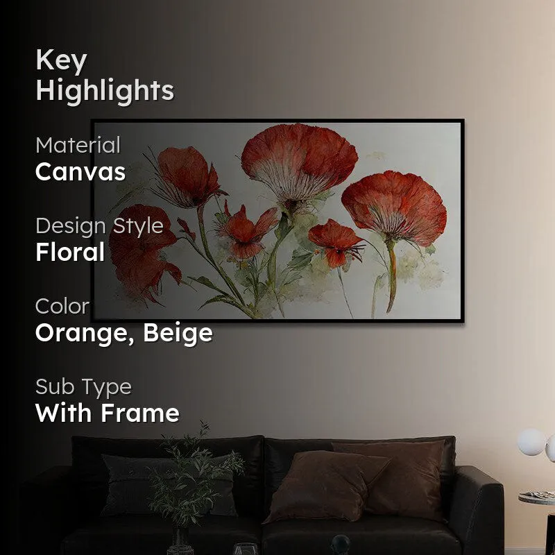 Red Autumn Petals Floral Canvas Wall Painting With Frame - Black media 2