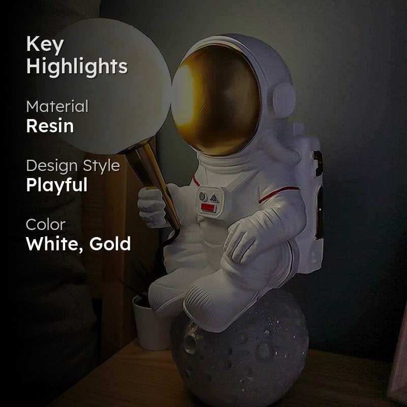 Astronaut Landing LED Moon Resin Table Lamp - White,Gold media 2