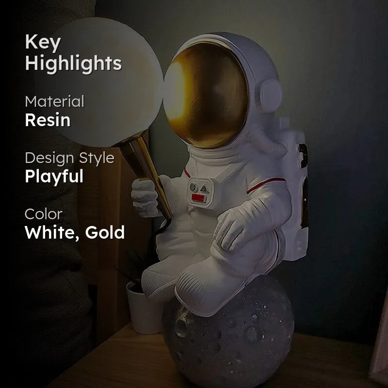 Astronaut Landing LED Moon Resin Table Lamp - White,Gold media 2