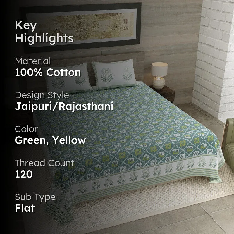 Rang Aura Cotton Bedsheet (Green,Yellow) - 120 TC media 2