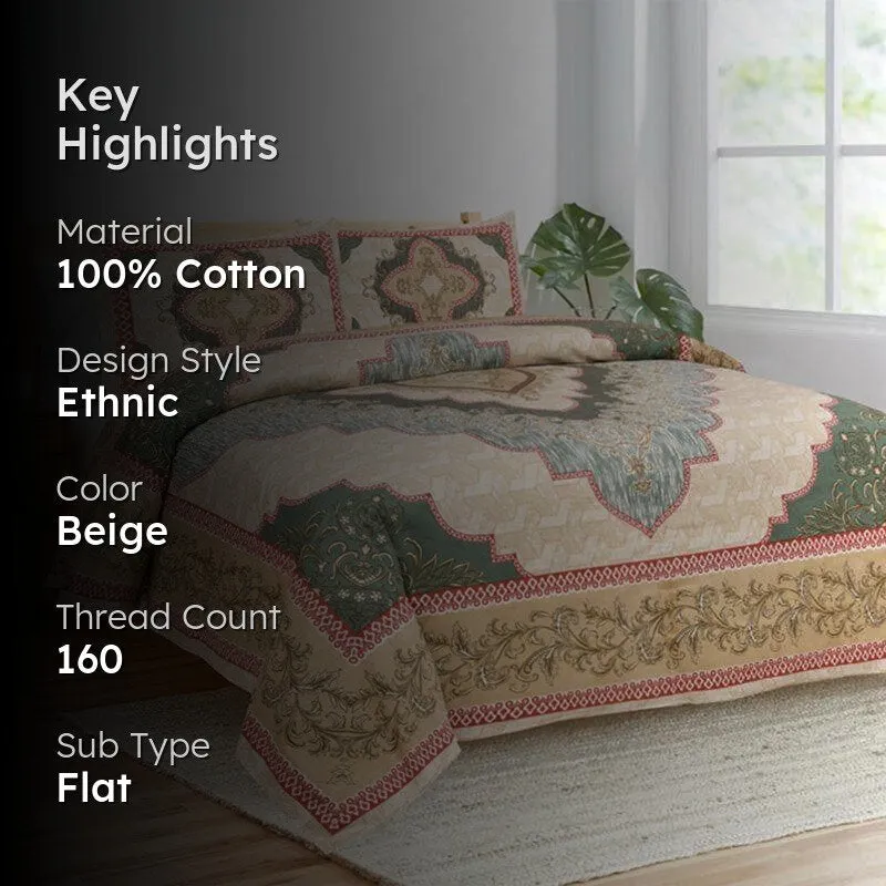 Neelakshi Ethnic Cotton Bedsheet (Beige) - 160 TC media 2