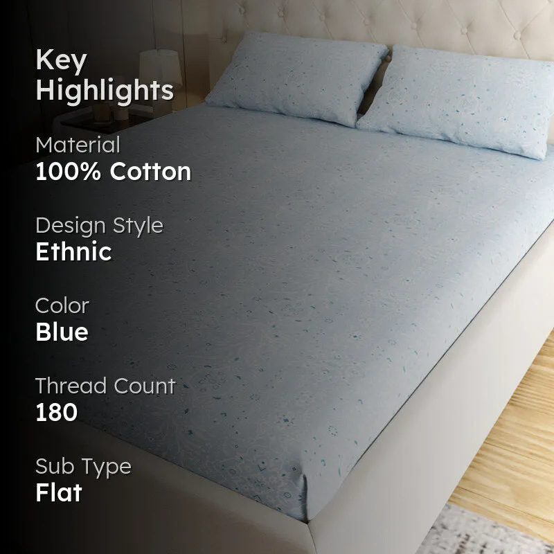Meadow Ethnic Cotton Bedsheet (Blue) - 180 TC media 2