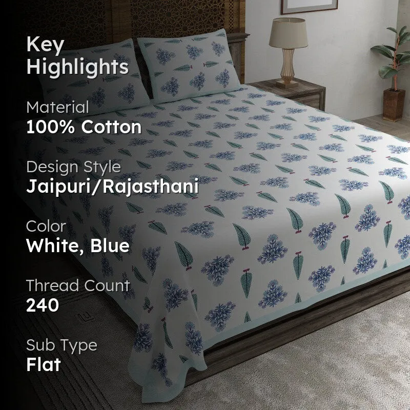 Desia Cotton Bedsheet (White,Blue) - 240 TC media 2