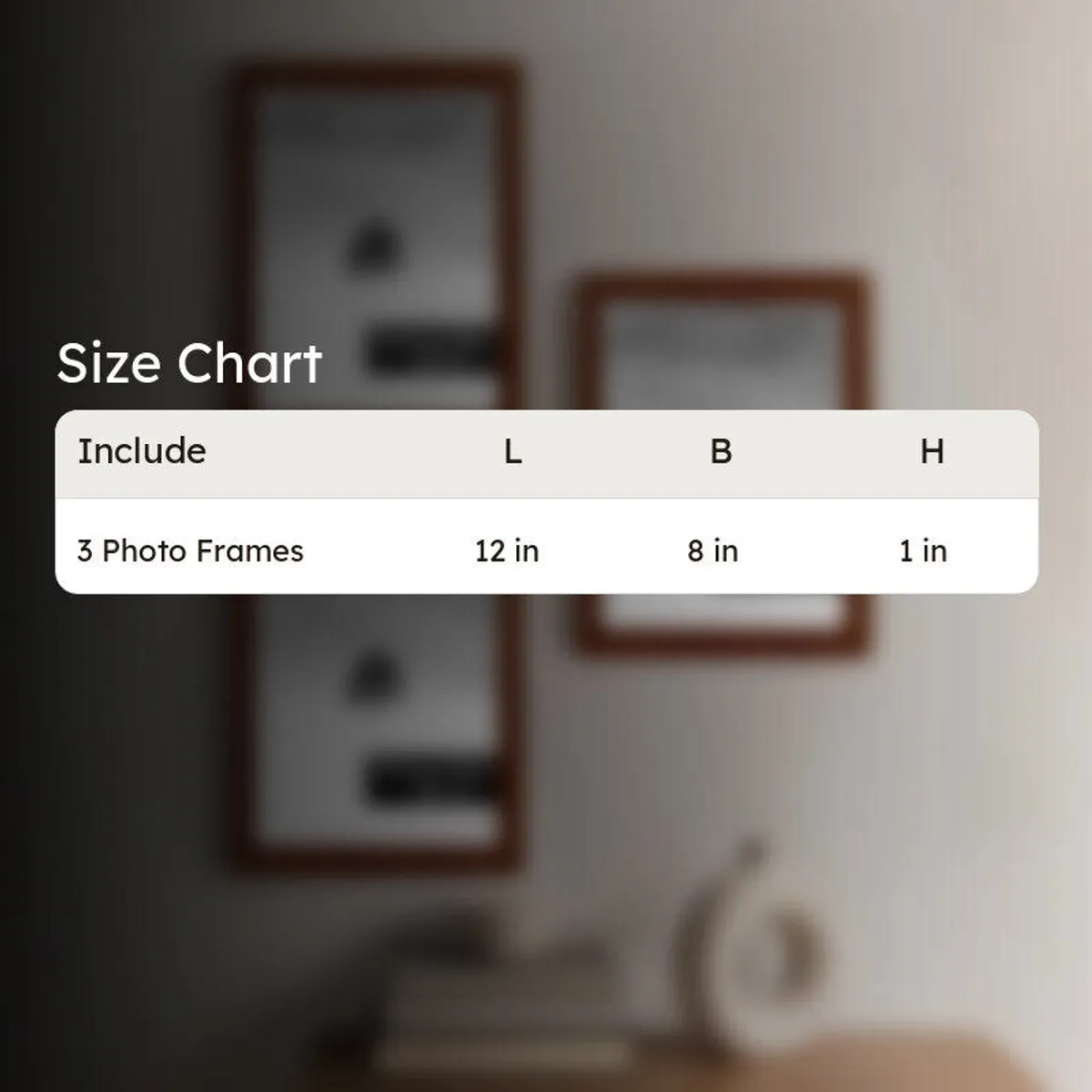 Size chart image showing three photo frames with length, breadth and height