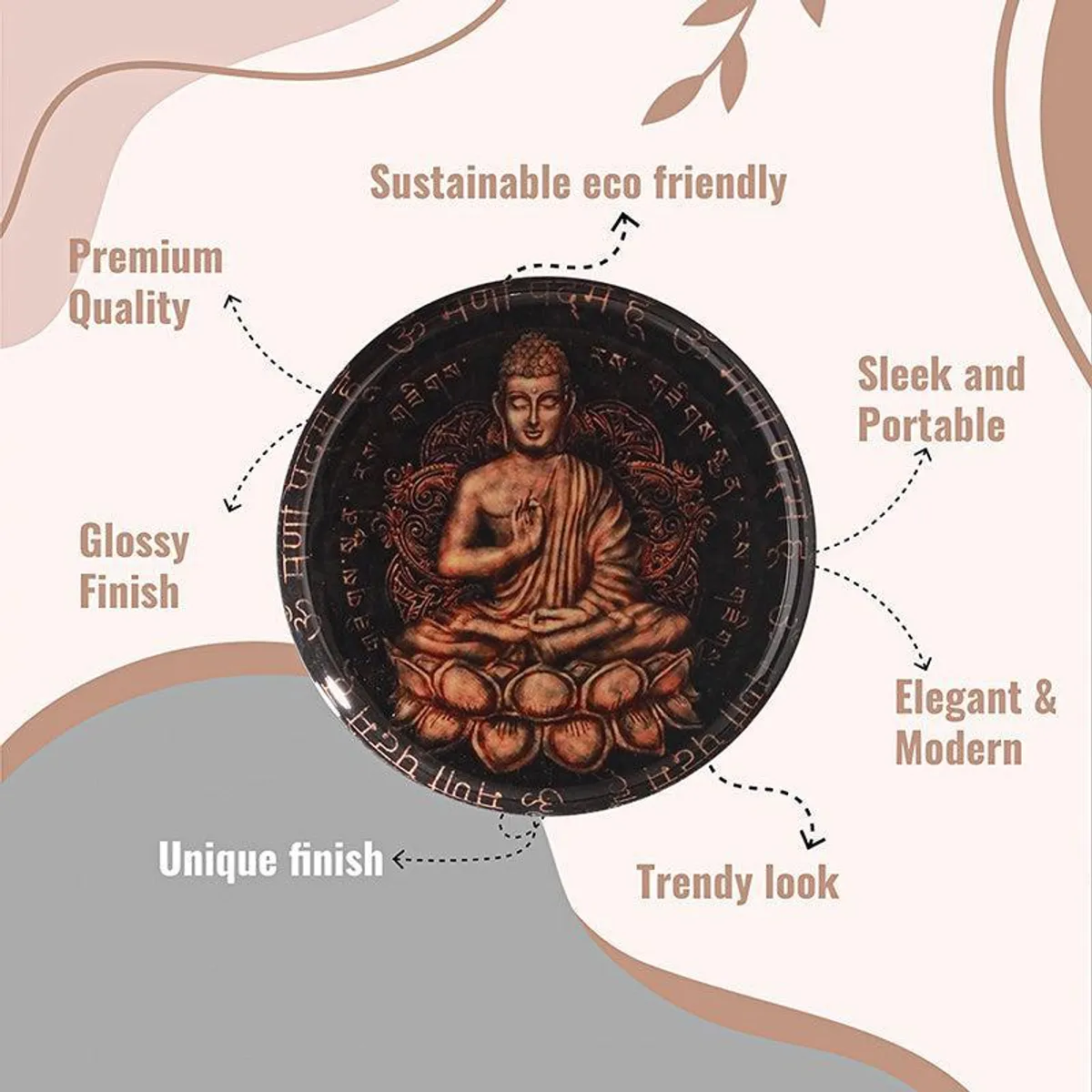 Close-up of the brown Buddha wall plate with spiritual symbols and a glossy finish