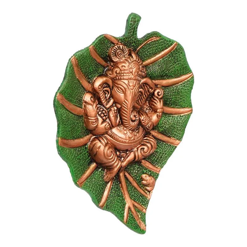 Ganesha On Green Leaf Religious Metal Wall Accent media 5
