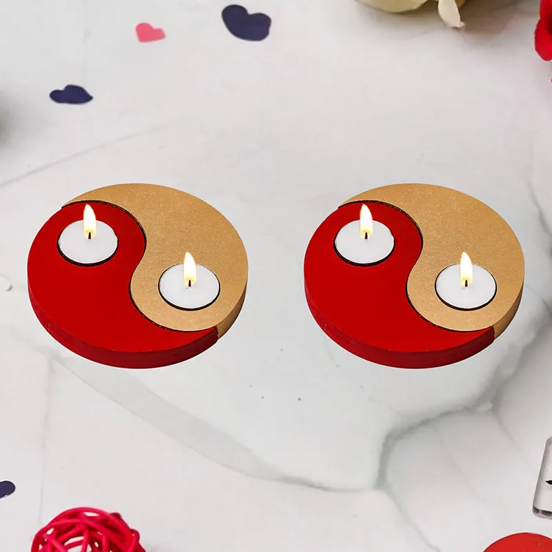 Red Yin Yang Wood Tea Light Holder - Set Of Two media 1