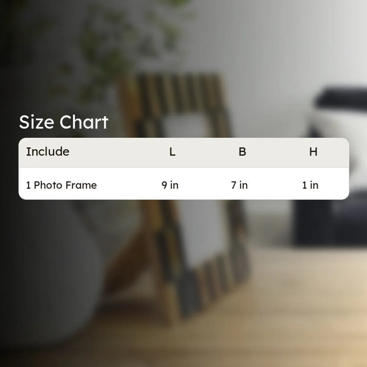 Photo frame size chart showing one frame with length, breadth and height