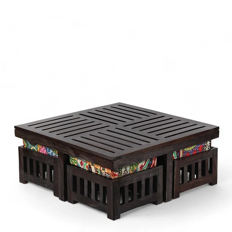 Hexiron Sheesham Wooden Center Table with Stools and Cushions (Brown) - Nine Piece Set media 5
