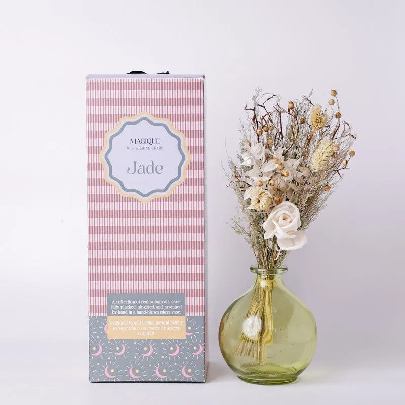 Jade dried flower arrangement beside its printed product box