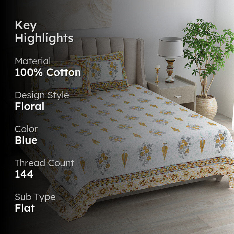 Floral Garden Cotton Bedsheet (Yellow) - 144 TC media 2