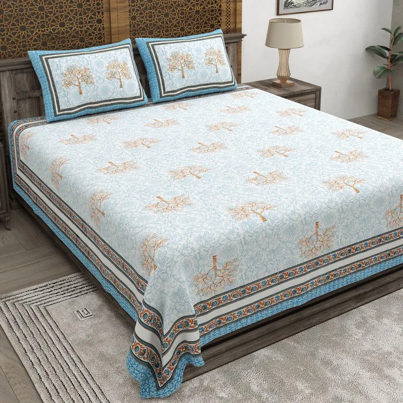 Gridor Cotton Bedsheet (Blue,Beige) - 240 TC media 1