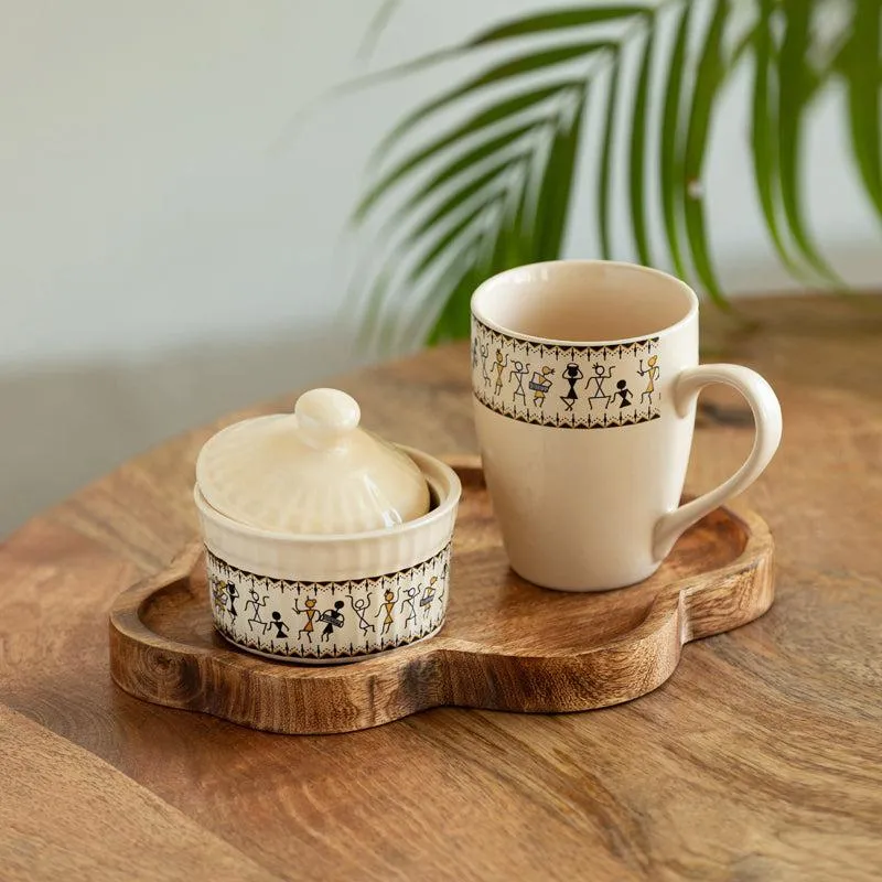 Warli Whirls Handpainted Ceramic High Tea Set (300 ML & 160 ML) - Three Piece Set media 1
