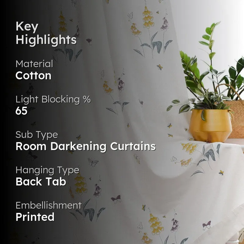 Yellow Petal Whisper Cotton Room Darkening Curtains with floral design, feature view